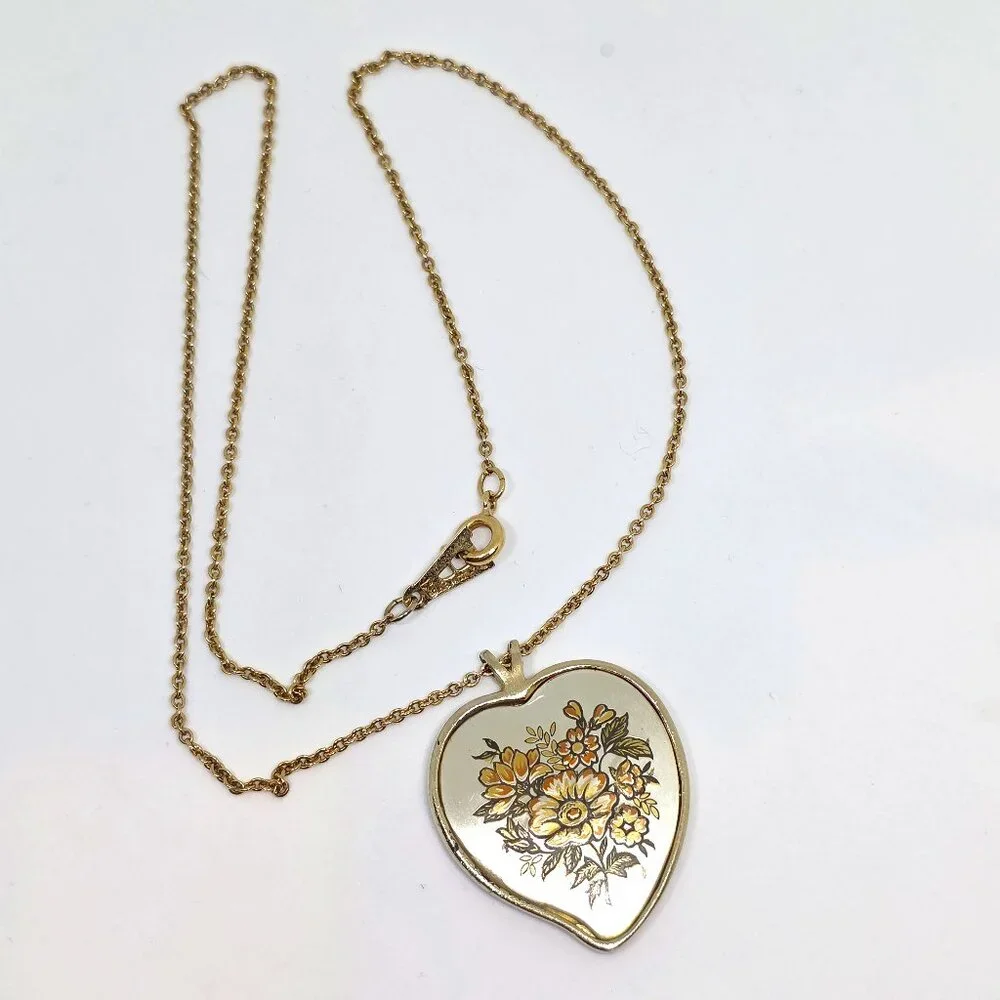 Vintage Reed & Barton Damascene Floral Heart Pendant with Amway GF 16' Chain